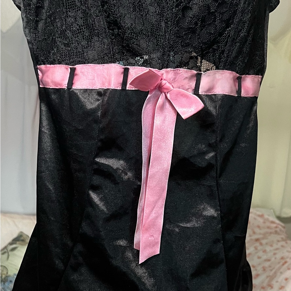 Black Slip Dress with Pink Ribbon and Garter Attachments Sexy Maid Dress Goth